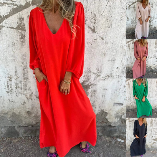 Keira™ | Løs V-hals i ensfarvet kjole til kvinder med lanterneærmer